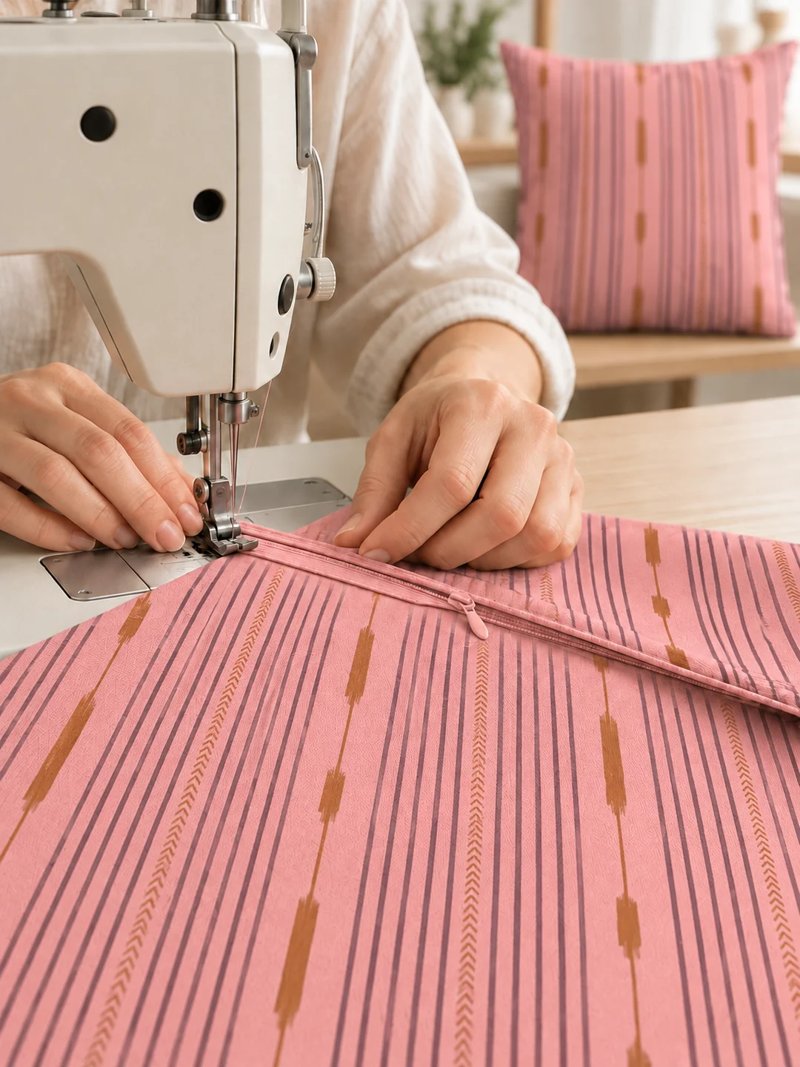 Fitting the invisible zip on a PALOMA pink cover, in the workshop